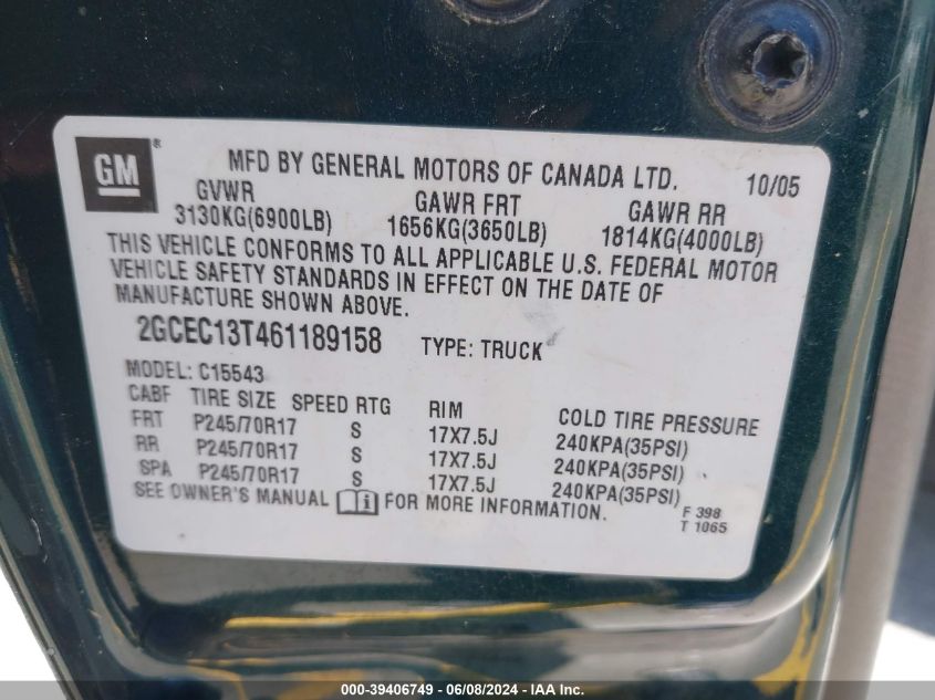 2006 Chevrolet Silverado 1500 Lt2 VIN: 2GCEC13T461189158 Lot: 39406749