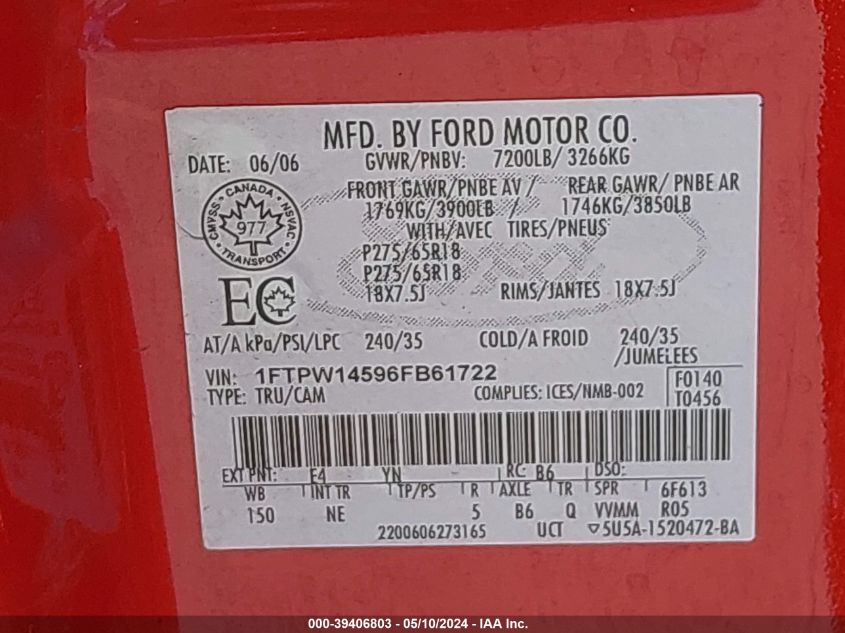 2006 Ford F-150 Fx4/Lariat/Xlt VIN: 1FTPW14596FB61722 Lot: 39406803