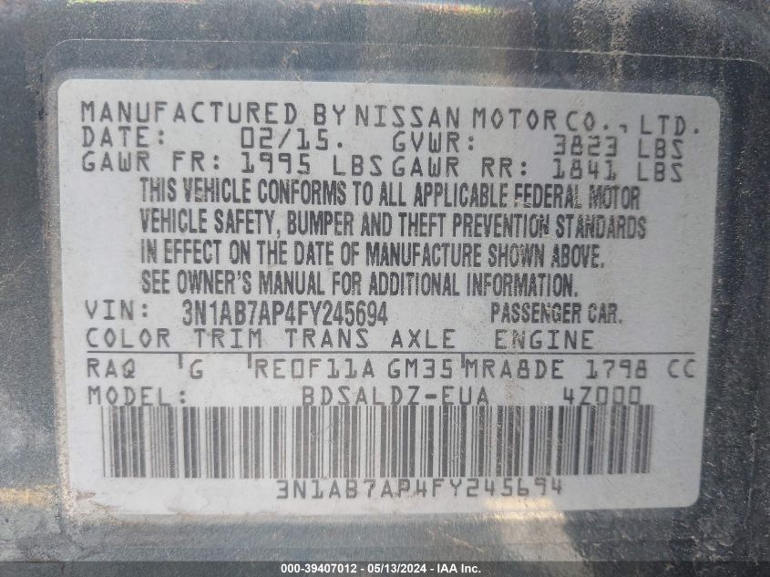 2015 Nissan Sentra Sv VIN: 3N1AB7AP4FY245694 Lot: 39407012