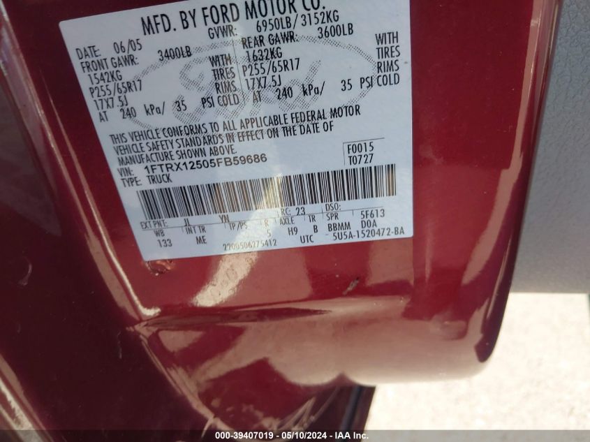 2005 Ford F-150 Lariat/Xl/Xlt VIN: 1FTRX12505FB59686 Lot: 39407019