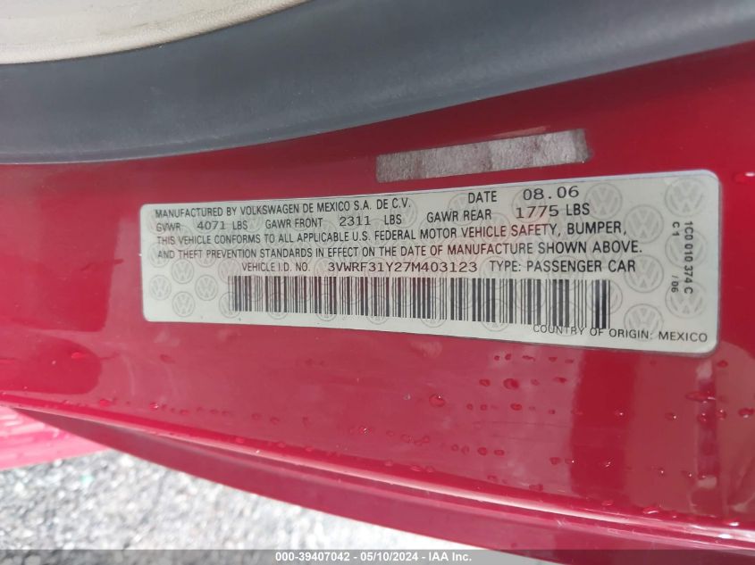 2007 Volkswagen New Beetle 2.5 VIN: 3VWRF31Y27M403123 Lot: 39407042