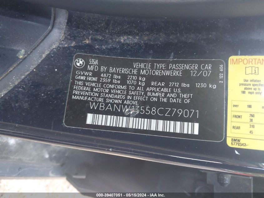 2008 BMW 535I VIN: WBANW13558CZ79071 Lot: 39407051