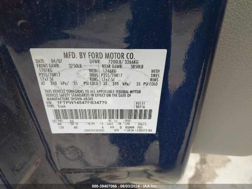 2007 Ford F-150 Fx4/King Ranch/Lariat/Xlt VIN: 1FTPW14547FB34770 Lot: 39407066