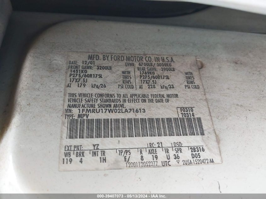 2002 Ford Expedition Eddie Bauer VIN: 1FMRU17W02LA71613 Lot: 39407073