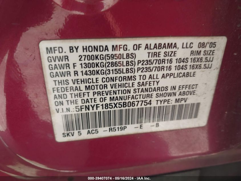 2005 Honda Pilot Ex-L VIN: 5FNYF185X5B067754 Lot: 39407074