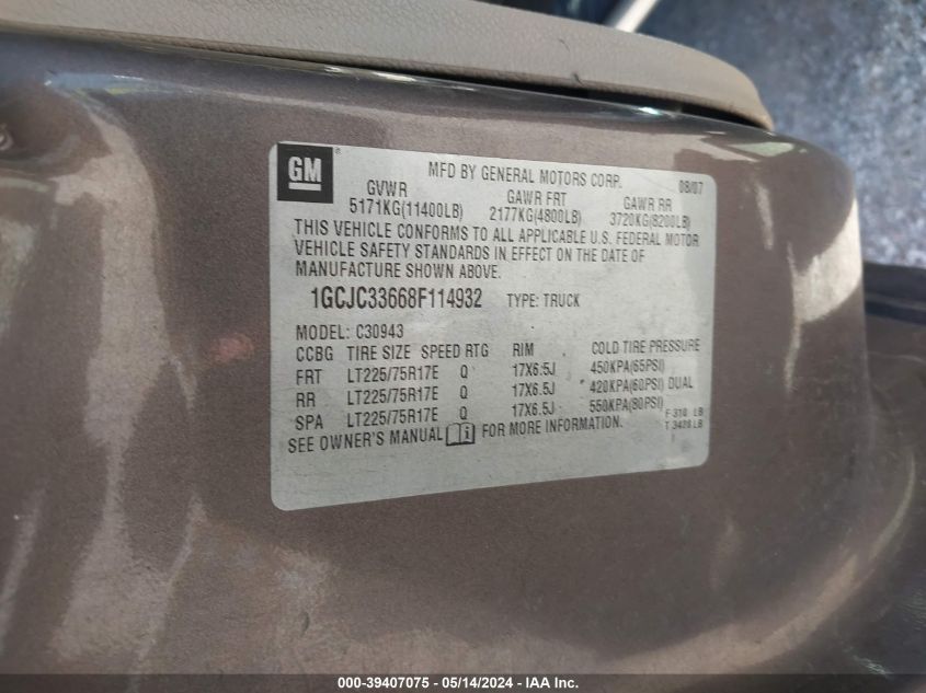 2008 Chevrolet Silverado 3500Hd Lt2 VIN: 1GCJC33668F114932 Lot: 39407075