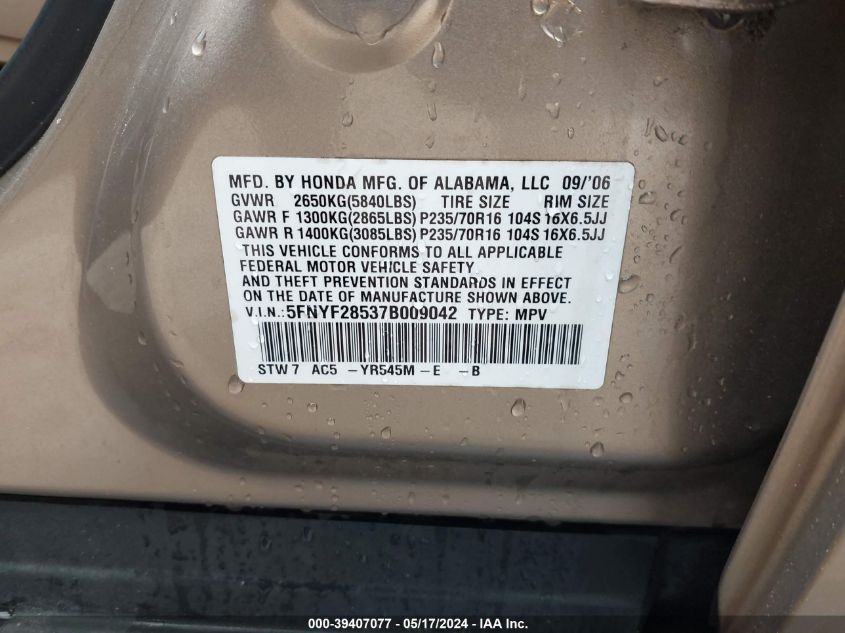 2007 Honda Pilot Ex-L VIN: 5FNYF28537B009042 Lot: 39407077