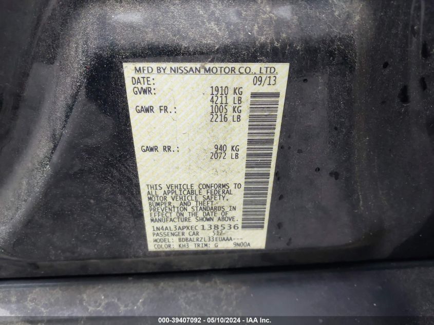2014 Nissan Altima 2.5 S VIN: 1N4AL3APXEC138536 Lot: 39407092