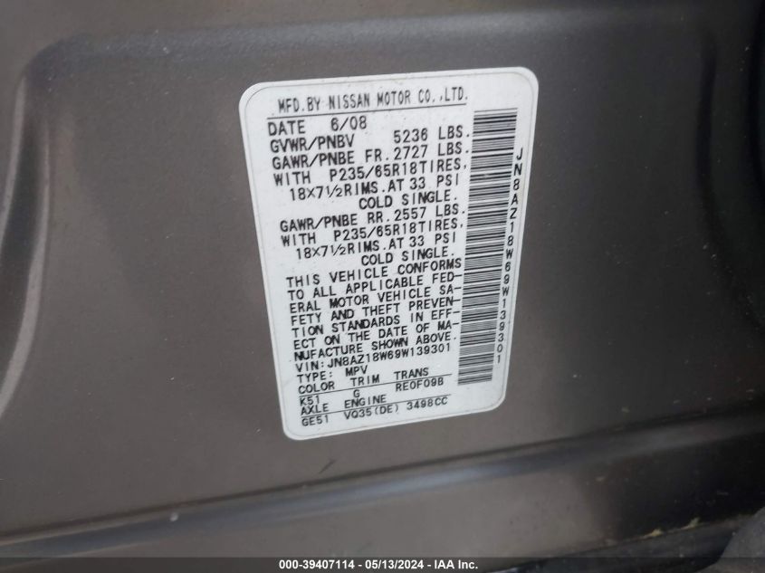 2009 Nissan Murano Sl VIN: JN8AZ18W69W139301 Lot: 39407114
