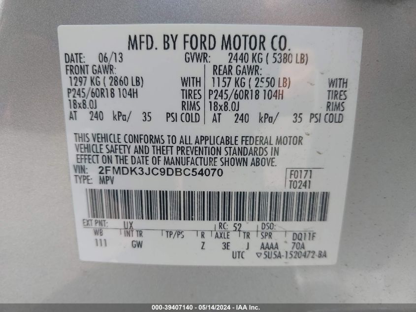 2013 Ford Edge Sel VIN: 2FMDK3JC9DBC54070 Lot: 39407140