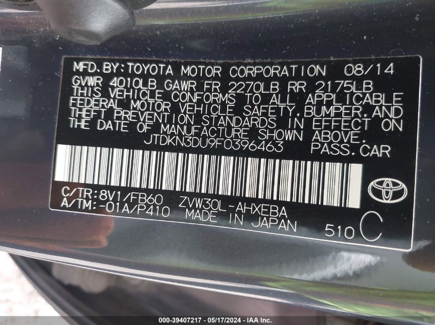 2015 Toyota Prius Two VIN: JTDKN3DU9F0396463 Lot: 39407217
