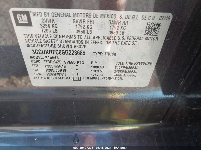 2016 CHEVROLET SILVERADO 1500 2LT - 3GCUKREC8GG223685