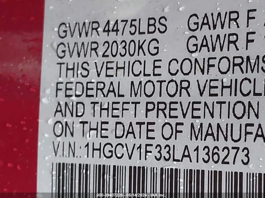 2020 Honda Accord Sport VIN: 1HGCV1F33LA13627 Lot: 39407226