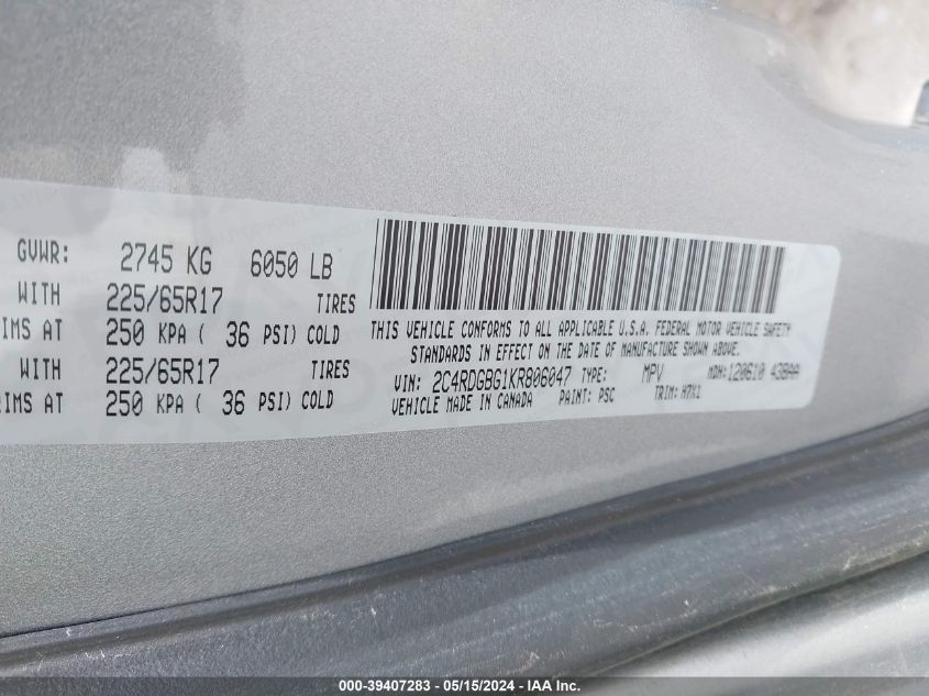 2019 Dodge Grand Caravan Se VIN: 2C4RDGBG1KR806047 Lot: 39407283