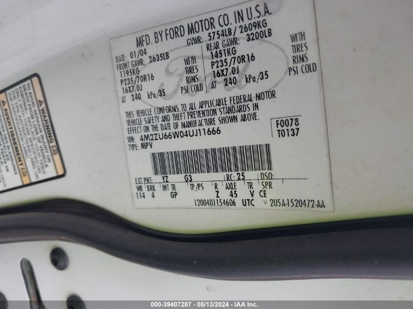 2004 Mercury Mountaineer VIN: 4M2ZU66W04UJ11666 Lot: 39407287