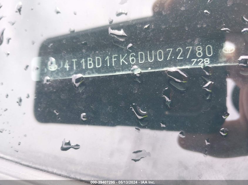 2013 Toyota Camry Hybrid Xle VIN: 4T1BD1FK6DU072780 Lot: 39407295