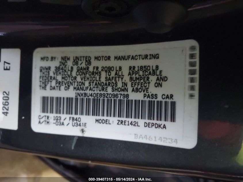 2009 Toyota Corolla Le VIN: 1NXBU40E89Z096798 Lot: 39407315