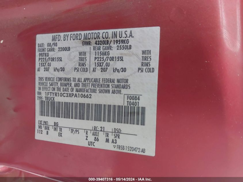 1999 Ford Ranger Xl/Xlt VIN: 1FTYR10C3XPA10662 Lot: 39407316