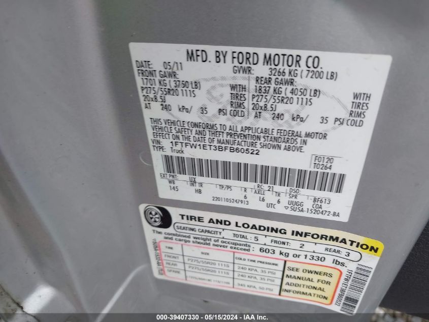 2011 Ford F-150 Lariat VIN: 1FTFW1ET3BFB60522 Lot: 39407330