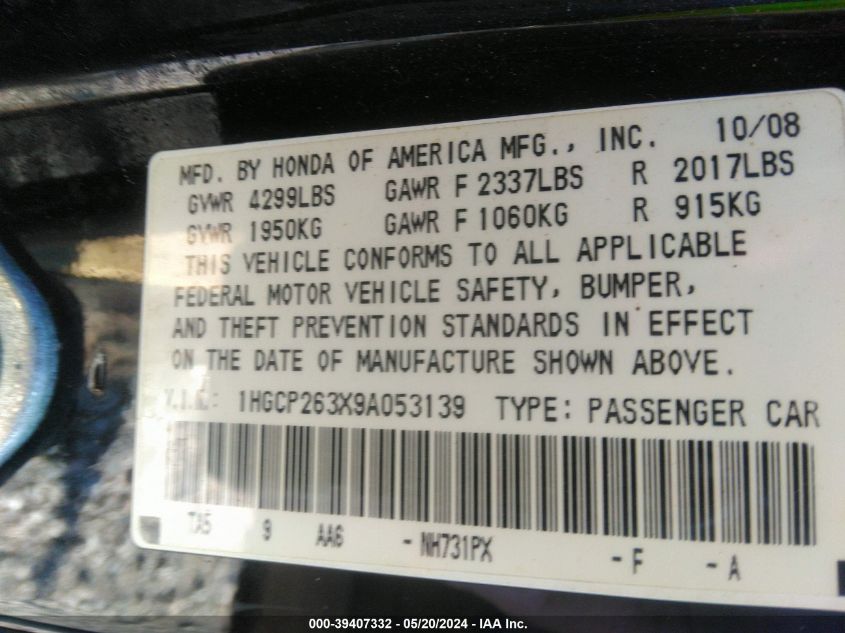 2009 Honda Accord 2.4 Lx VIN: 1HGCP263X9A053139 Lot: 39407332
