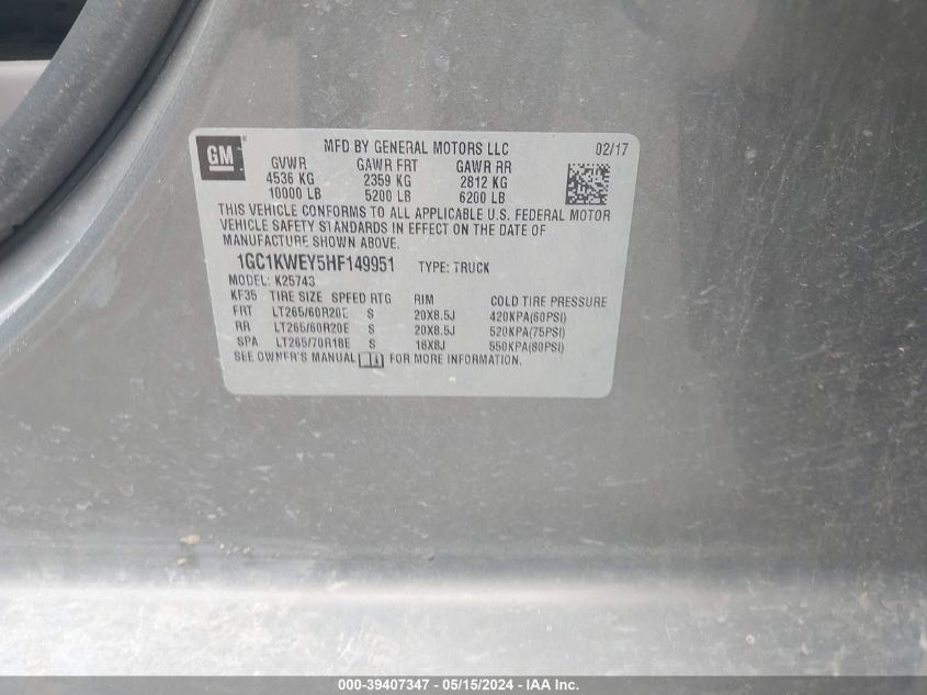 2017 Chevrolet Silverado K2500 Heavy Duty Ltz VIN: 1GC1KWEY5HF149951 Lot: 39407347
