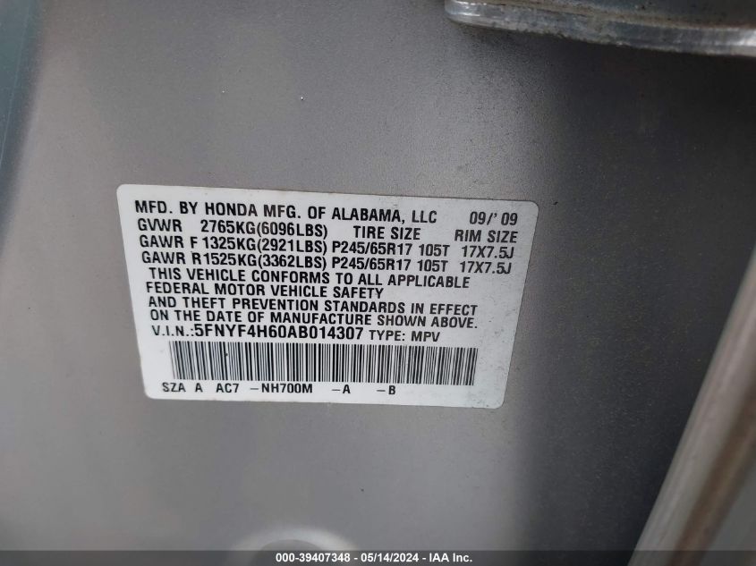 2010 Honda Pilot Ex-L VIN: 5FNYF4H60AB014307 Lot: 39407348