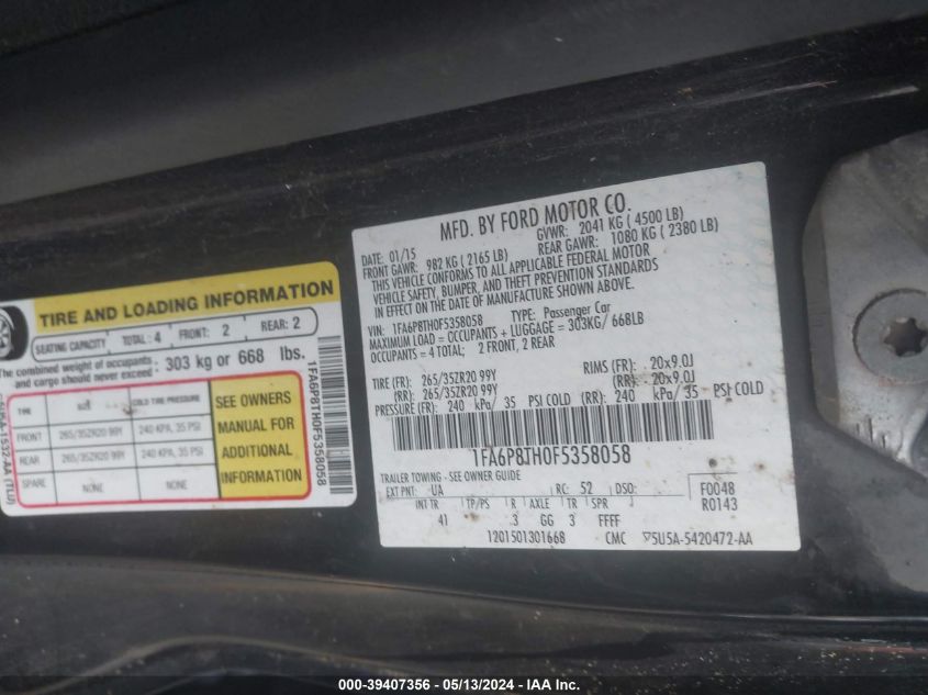 2015 Ford Mustang Ecoboost VIN: 1FA6P8TH0F5358058 Lot: 39407356