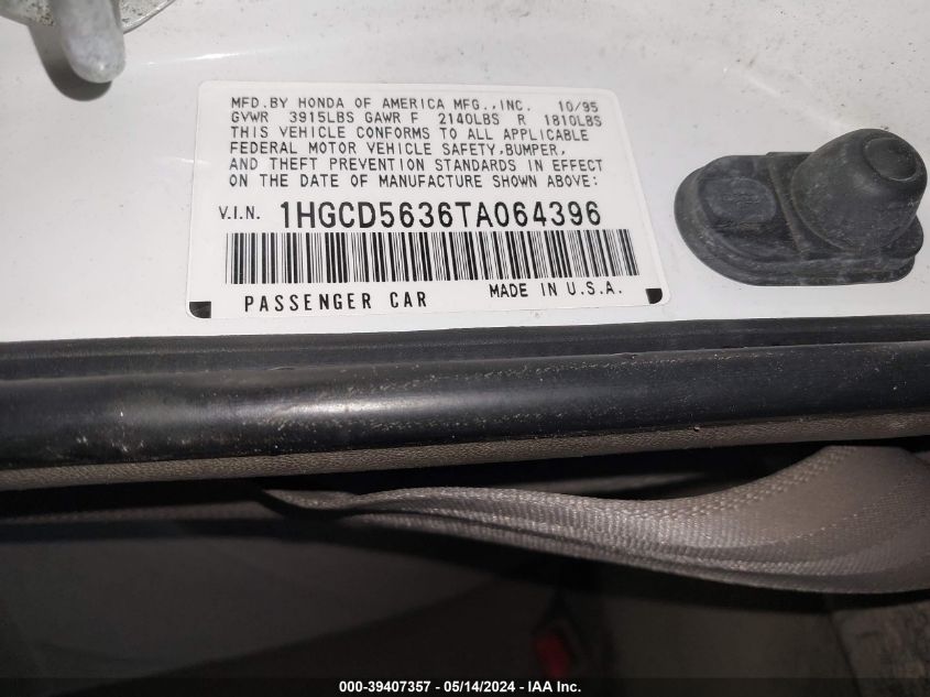 1996 Honda Accord Lx/Ex VIN: 1HGCD5636TA064396 Lot: 39407357