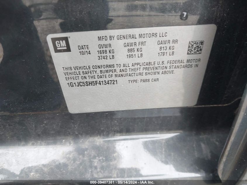2015 Chevrolet Sonic Lt Auto VIN: 1G1JC5SH5F4134721 Lot: 39407381