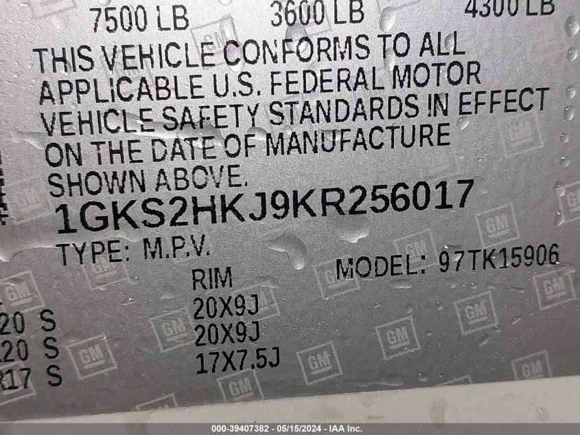 2019 GMC Yukon Xl Denali VIN: 1GKS2HKJ9KR256017 Lot: 39407382