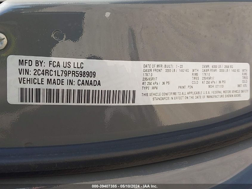 2023 Chrysler Pacifica Hybrid Touring L VIN: 2C4RC1L79PR598909 Lot: 39407385