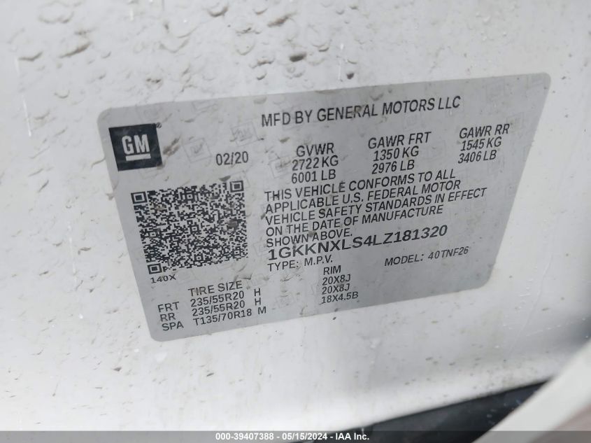 2020 GMC Acadia Awd Denali VIN: 1GKKNXLS4LZ181320 Lot: 39407388