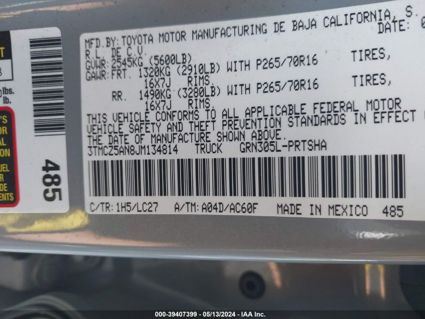 2018 TOYOTA TACOMA DBL CAB/SR/TRDSPT/OR/PRO - 3TMCZ5AN8JM134814