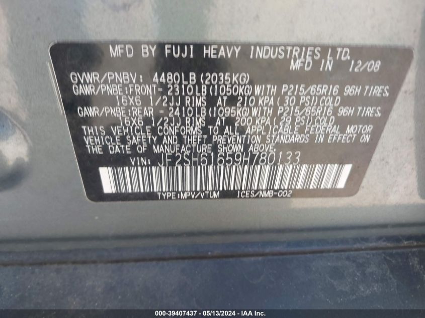 2009 Subaru Forester 2.5X VIN: JF2SH61659H780133 Lot: 39407437