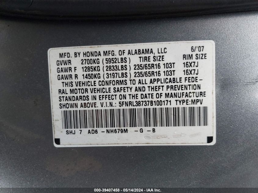 2007 Honda Odyssey Ex-L VIN: 5FNRL38737B100171 Lot: 39407458