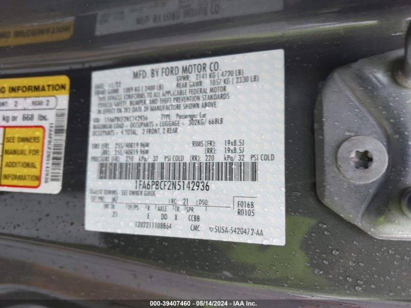 2022 Ford Mustang Gt Fastback VIN: 1FA6P8CF2N5142936 Lot: 39407460