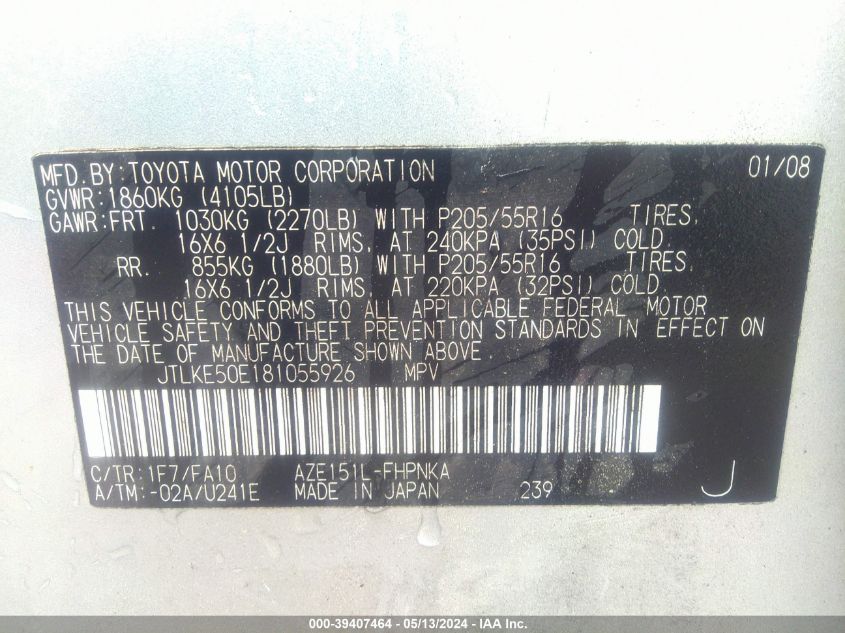 2008 Scion Xb VIN: JTLKE50E181055926 Lot: 39407464