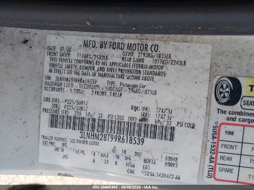 2009 Lincoln Mkz VIN: 3LNHM28T99R618539 Lot: 39407467