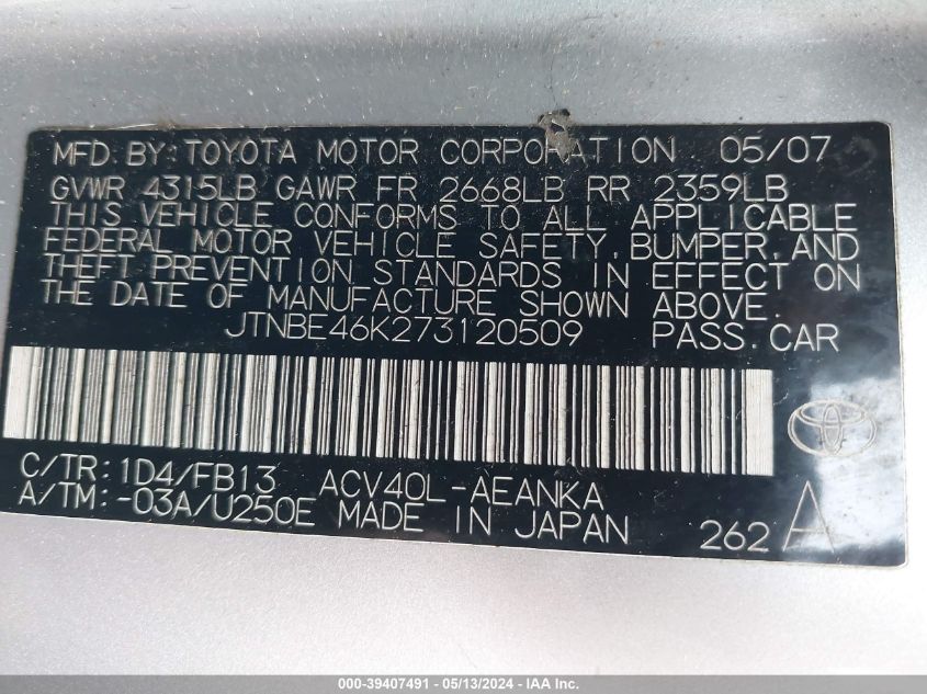 2007 Toyota Camry Le VIN: JTNBE46K273120509 Lot: 39407491