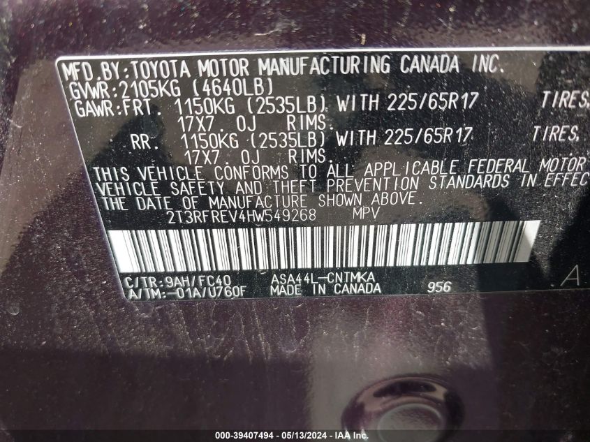 2017 Toyota Rav4 Xle VIN: 2T3RFREV4HW549268 Lot: 39407494