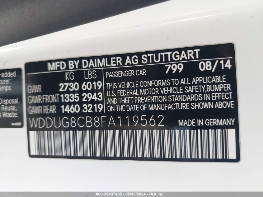 2015 Mercedes-Benz S 550 VIN: WDDUG8CB8FA119562 Lot: 39407495