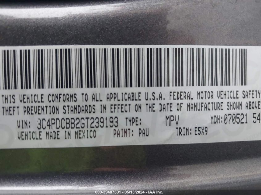 2016 Dodge Journey Sxt VIN: 3C4PDCBB2GT239193 Lot: 39407501