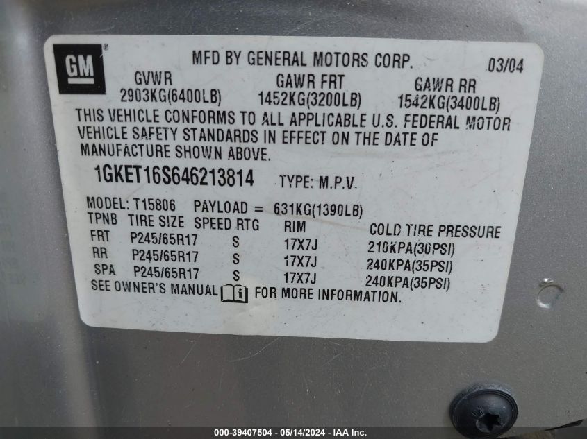 2004 GMC Envoy Xl Sle VIN: 1GKET16S646213814 Lot: 39407504