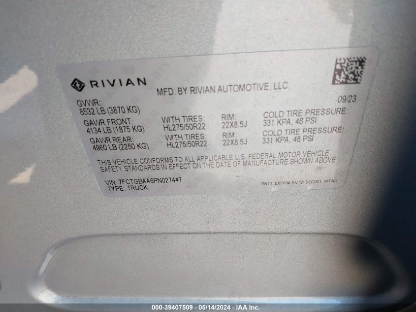 7FCTGBAA6PN027447 2023 Rivian R1T Adventure/Adventure Dual Motor Large Pack/Adventure Dual Motor Max Pack