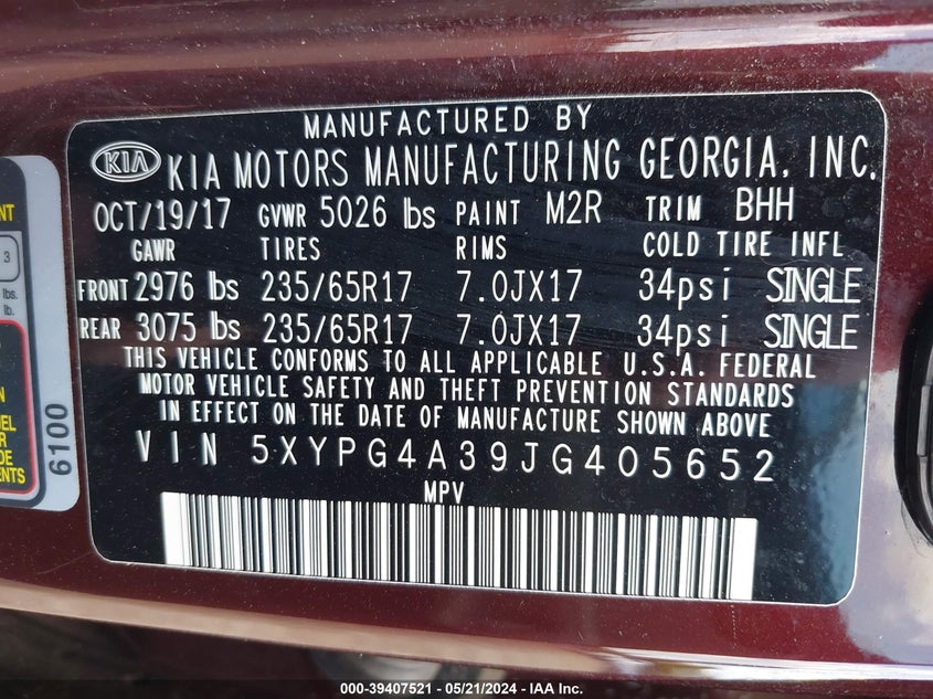 2018 Kia Sorento 2.4L Lx VIN: 5XYPG4A39JG405652 Lot: 39407521