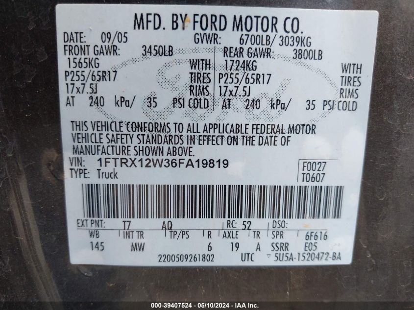 2006 Ford F-150 Stx/Xl/Xlt VIN: 1FTRX12W36FA19819 Lot: 39407524