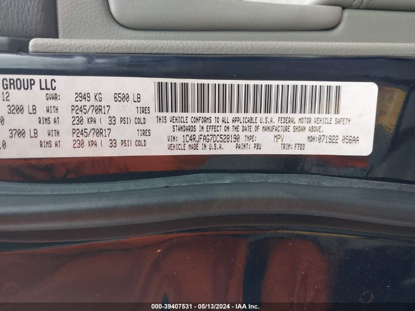 2013 Jeep Grand Cherokee Laredo VIN: 1C4RJFAG7DC528190 Lot: 39407531