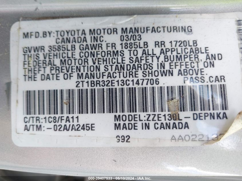 2003 Toyota Corolla Le VIN: 2T1BR32E13C147706 Lot: 39407533