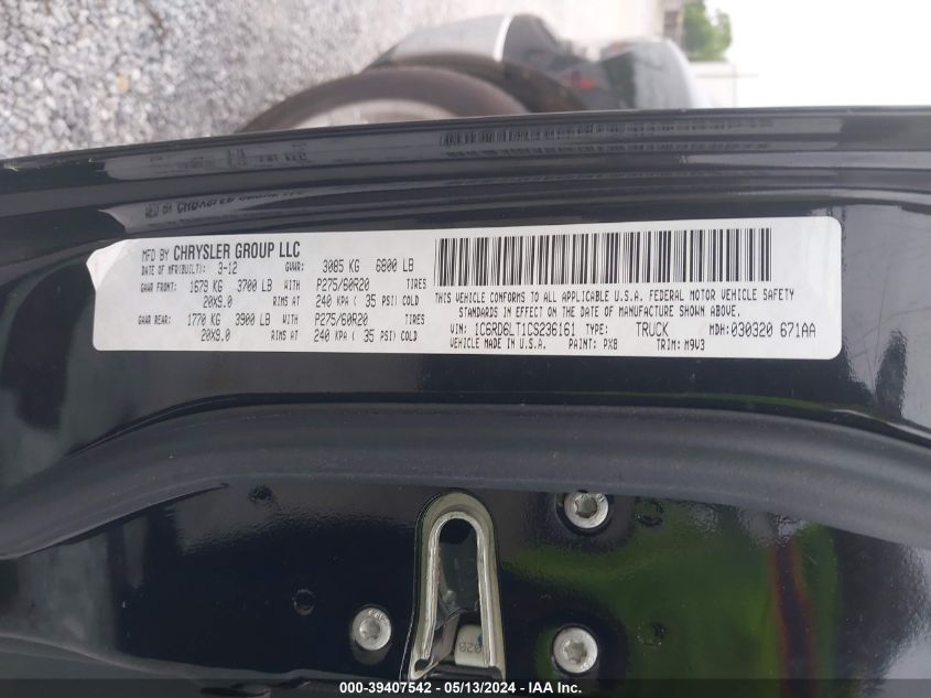 2012 Ram 1500 Slt VIN: 1C6RD6LT1CS236161 Lot: 39407542