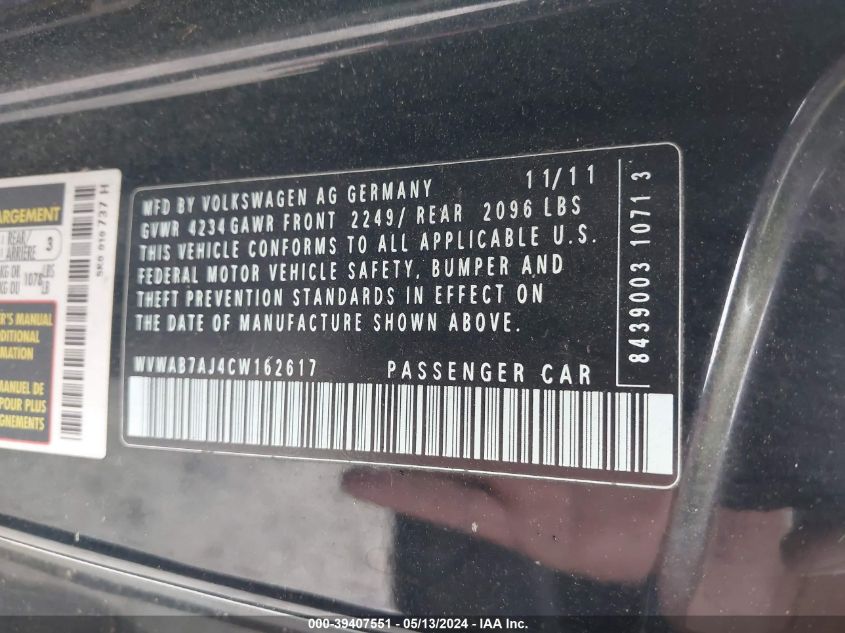 2012 Volkswagen Golf 2.5L 2-Door VIN: WVWAB7AJ4CW162617 Lot: 39407551